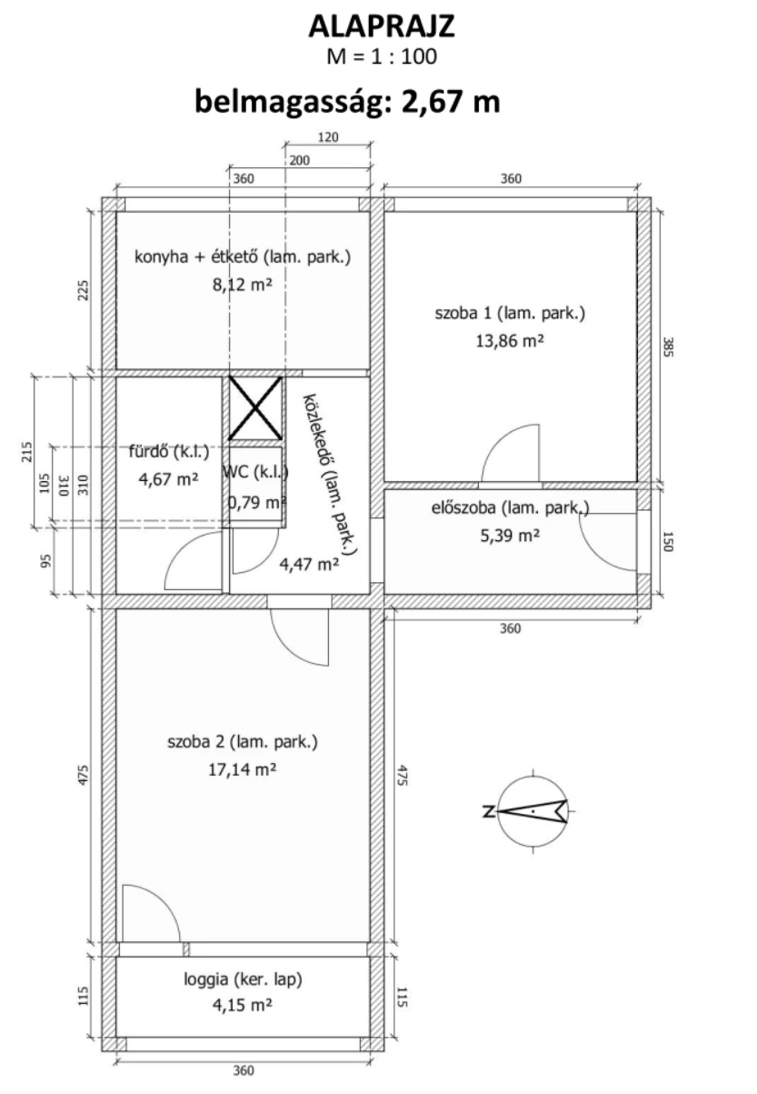 A lakás alaprajza – 56 m², belmagasság 2,67 m